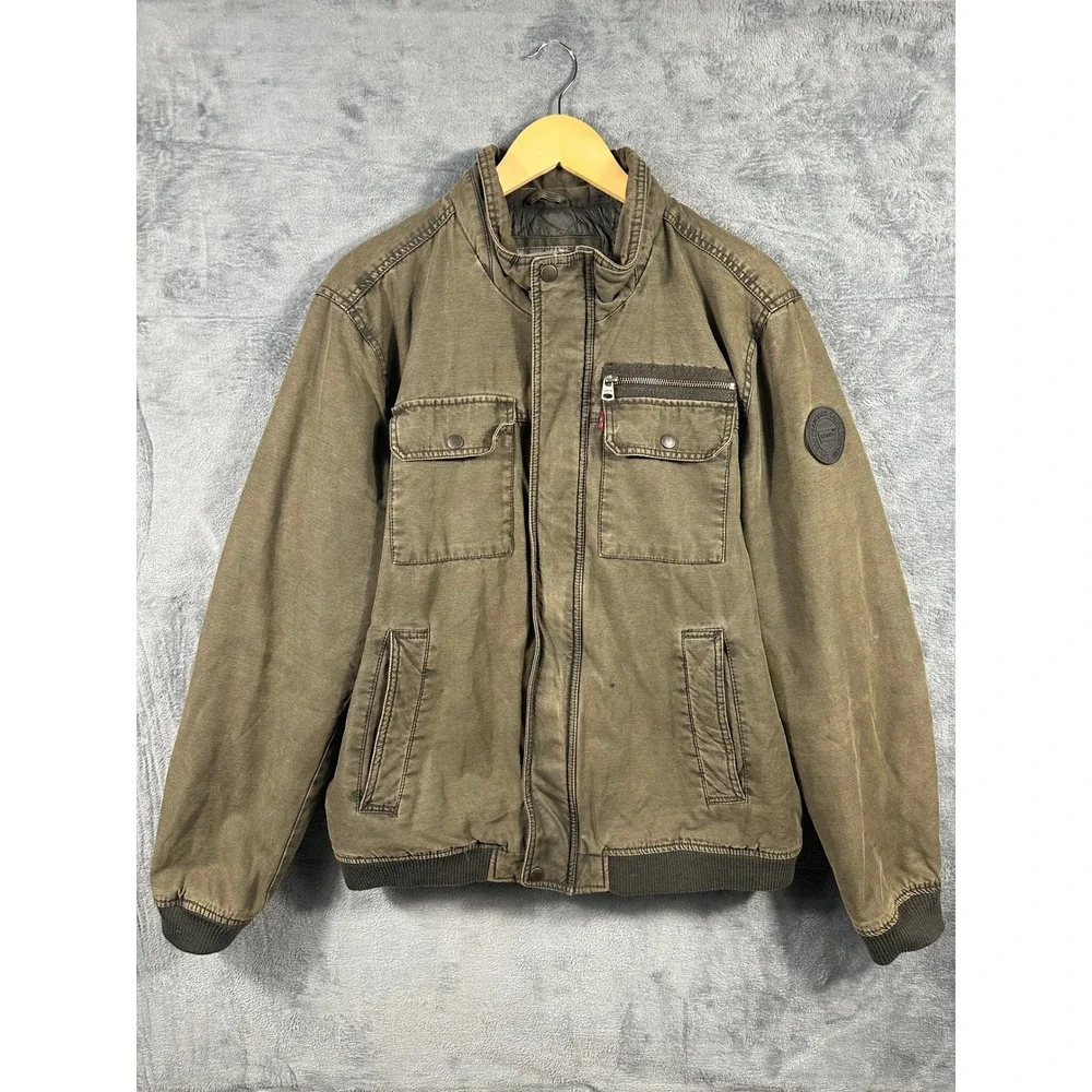 Levis Mens Military Field Jacket Olive Green Canvas Quilted Lined Size L
